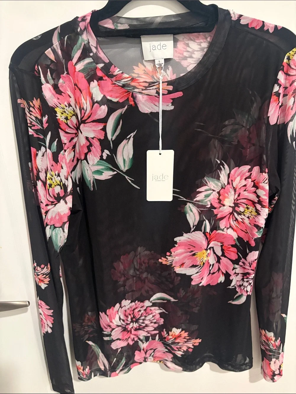 Jade Black Mesh Long-Sleeve Top with Pink Floral Print - Picture 2 of 4